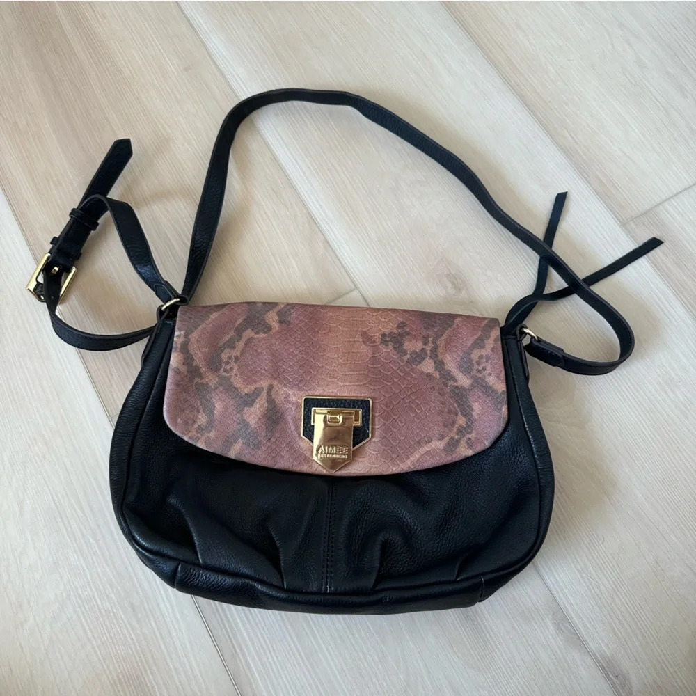 Aimee Kestenberg black nappa leather with sunset snake flap crossbody bag.